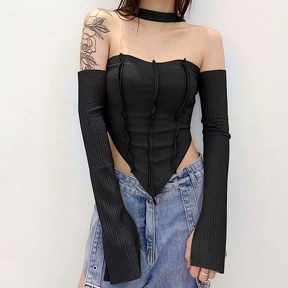 Tops - Black off the shoulder choker long sleeve top